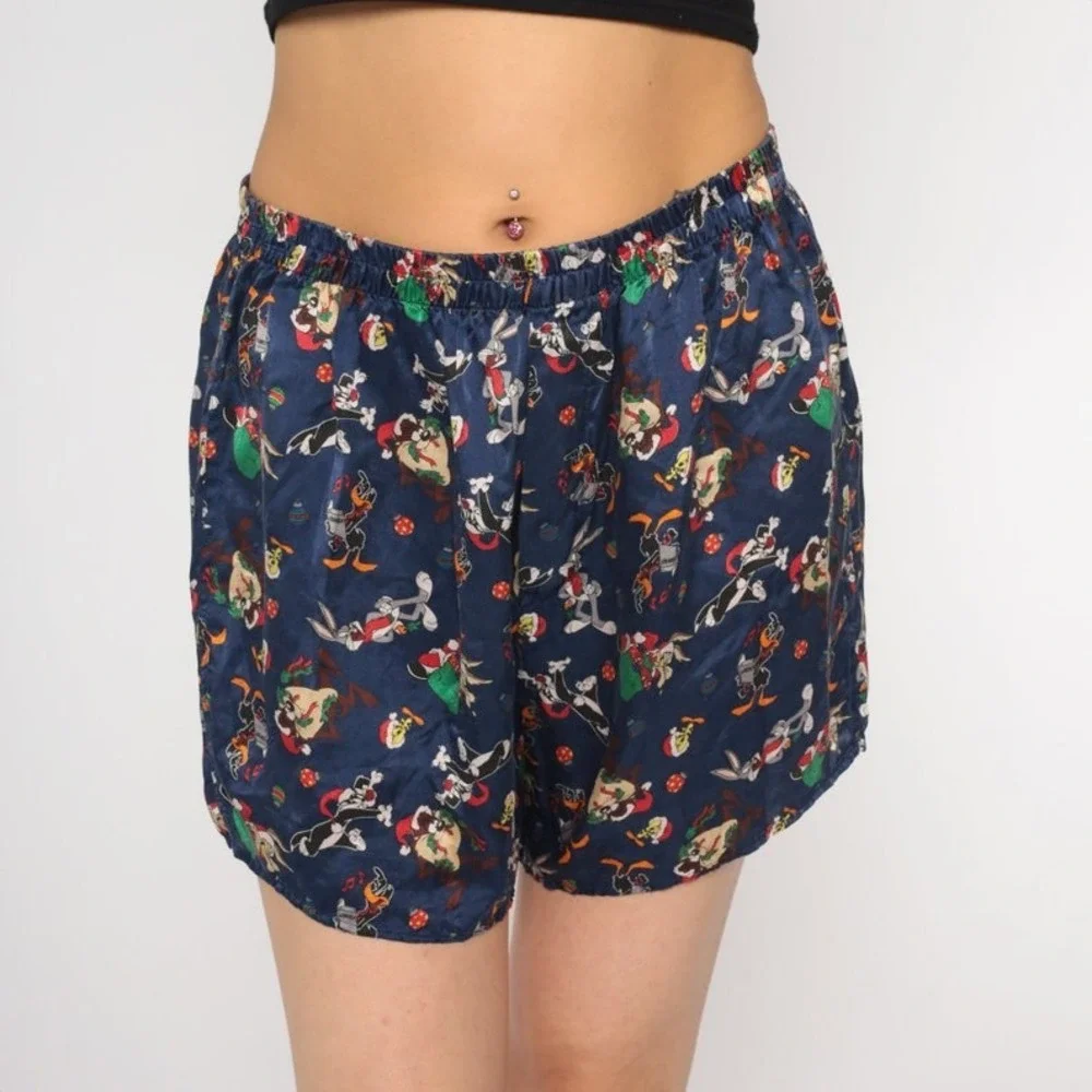 Vintage 1996 Looney Tunes Mania Mens Silk Christmas Boxer Shorts Holiday Gift L